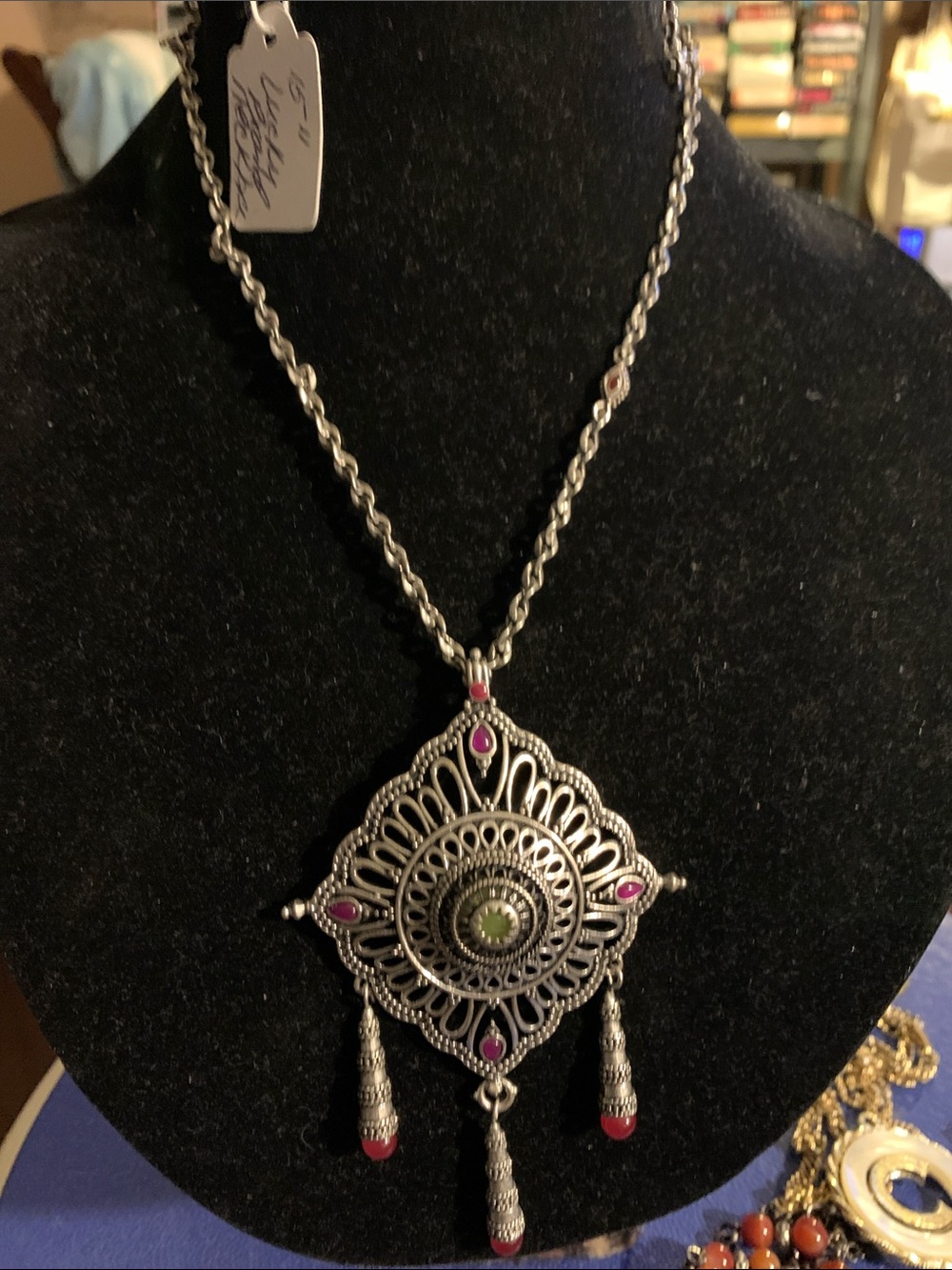 Lucky Brand Silver-Tone Filigree Pendant Necklace with Pink and Green Accents